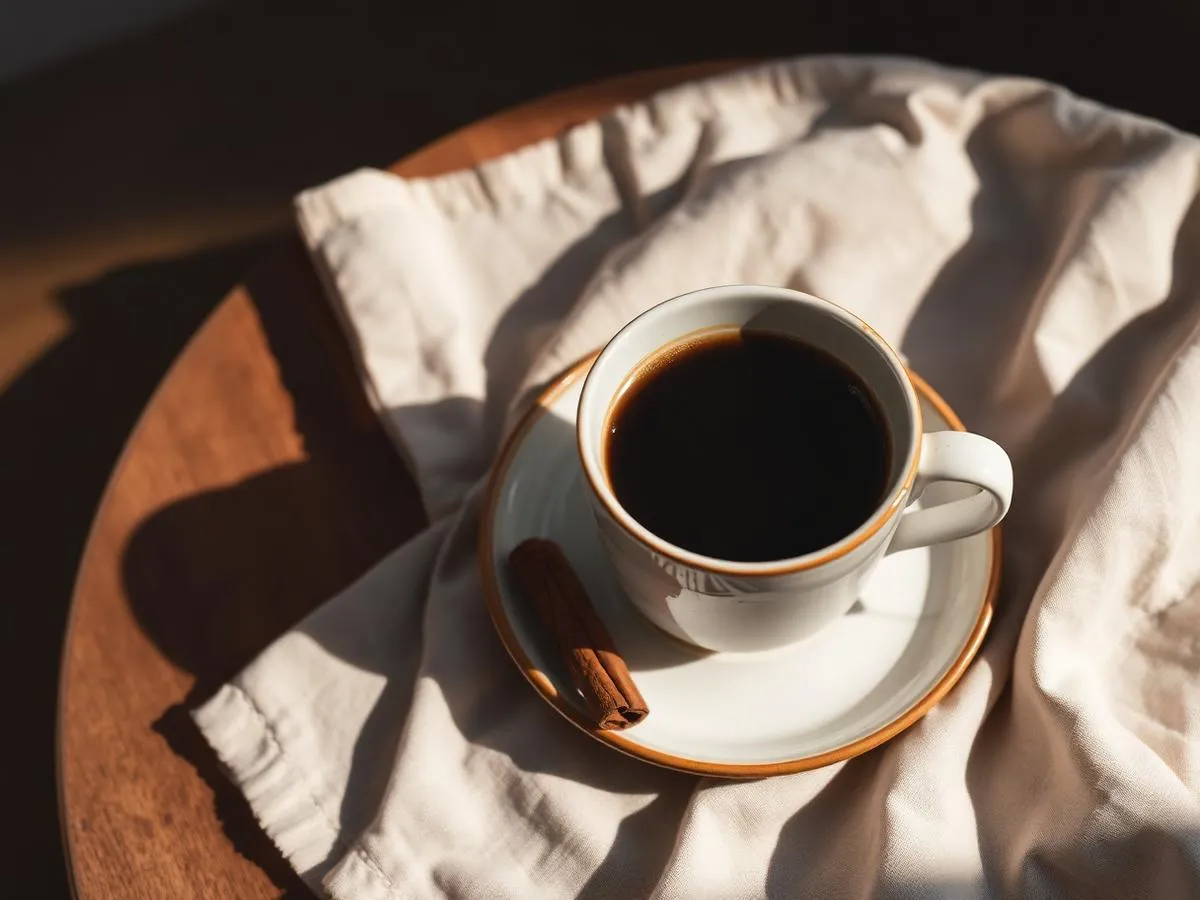 Cup of black coffee on a saucer with a cinnamon stick