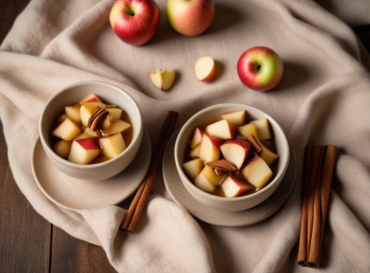 Two small bowls of soft stewed apple pieces with cinnamon sticks