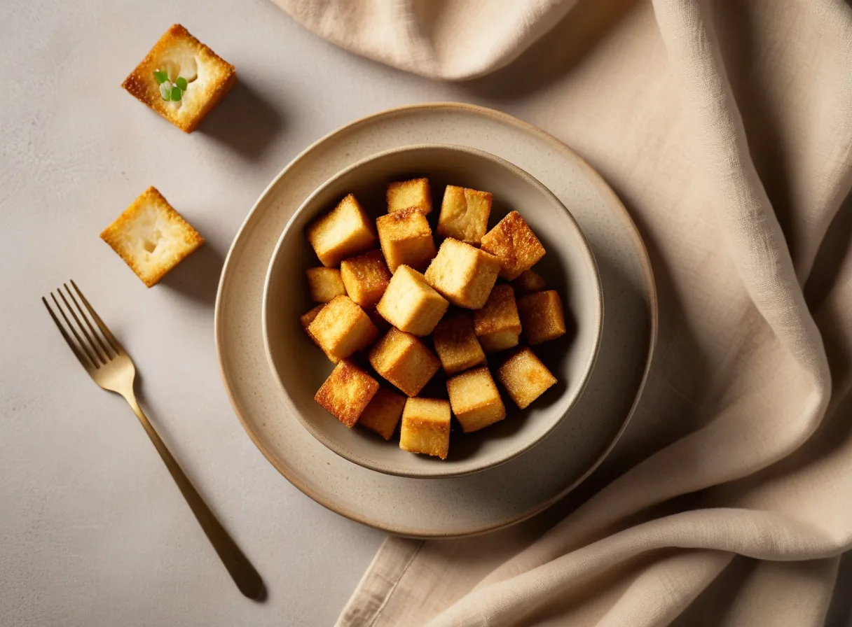 Small bowl of crispy golden tofu cubes