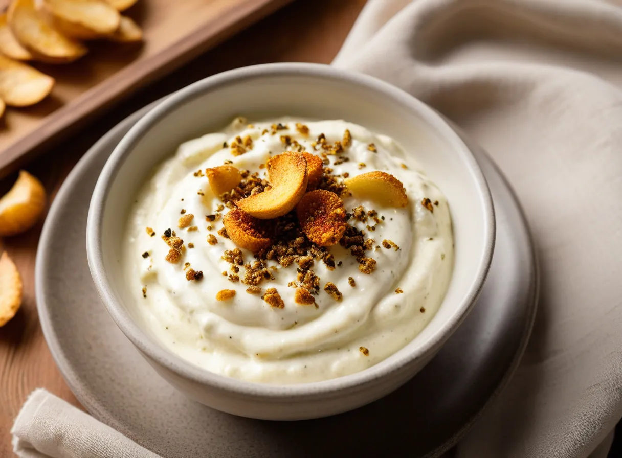 Small bowl of creamy hung curd dip topped with golden fried garlic and cracked spices