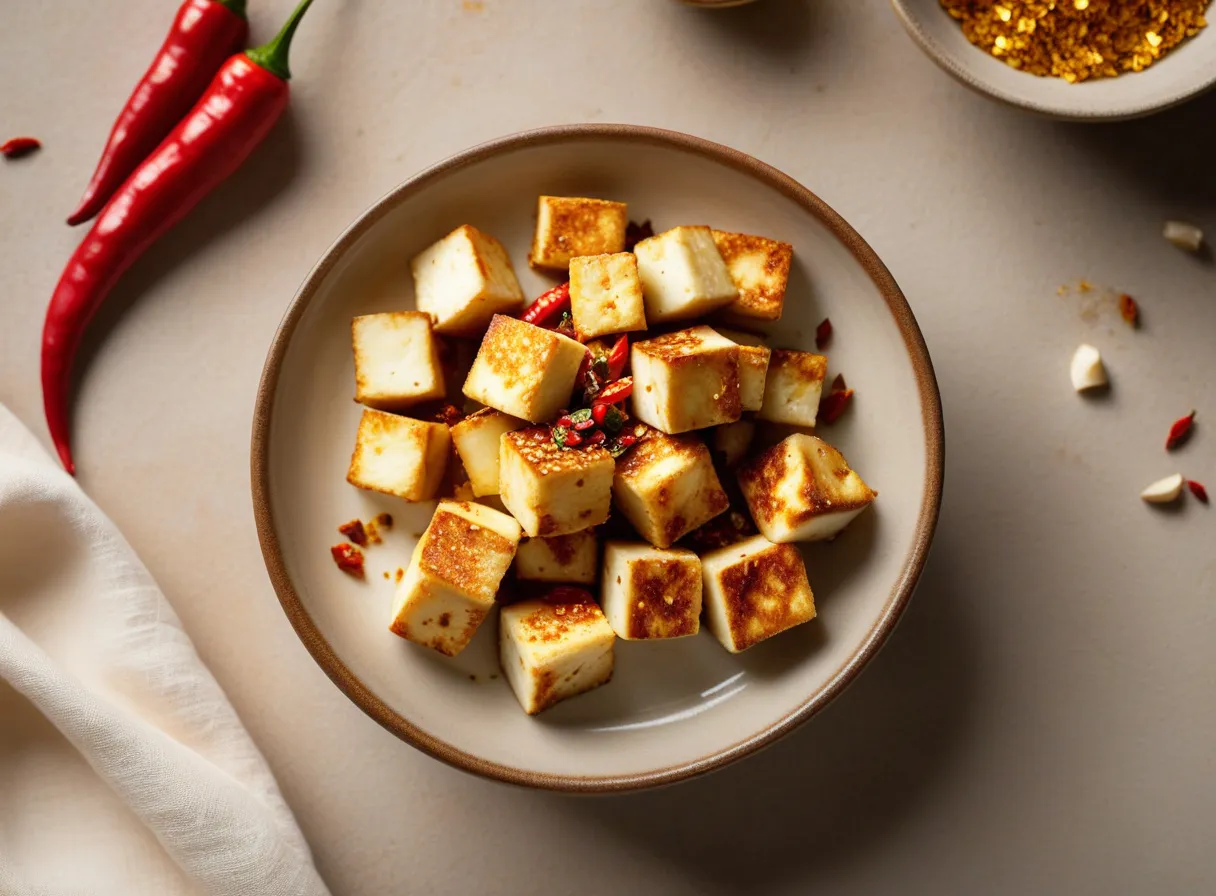 Small bowl of golden seared paneer cubes with garlic and chilli flakes