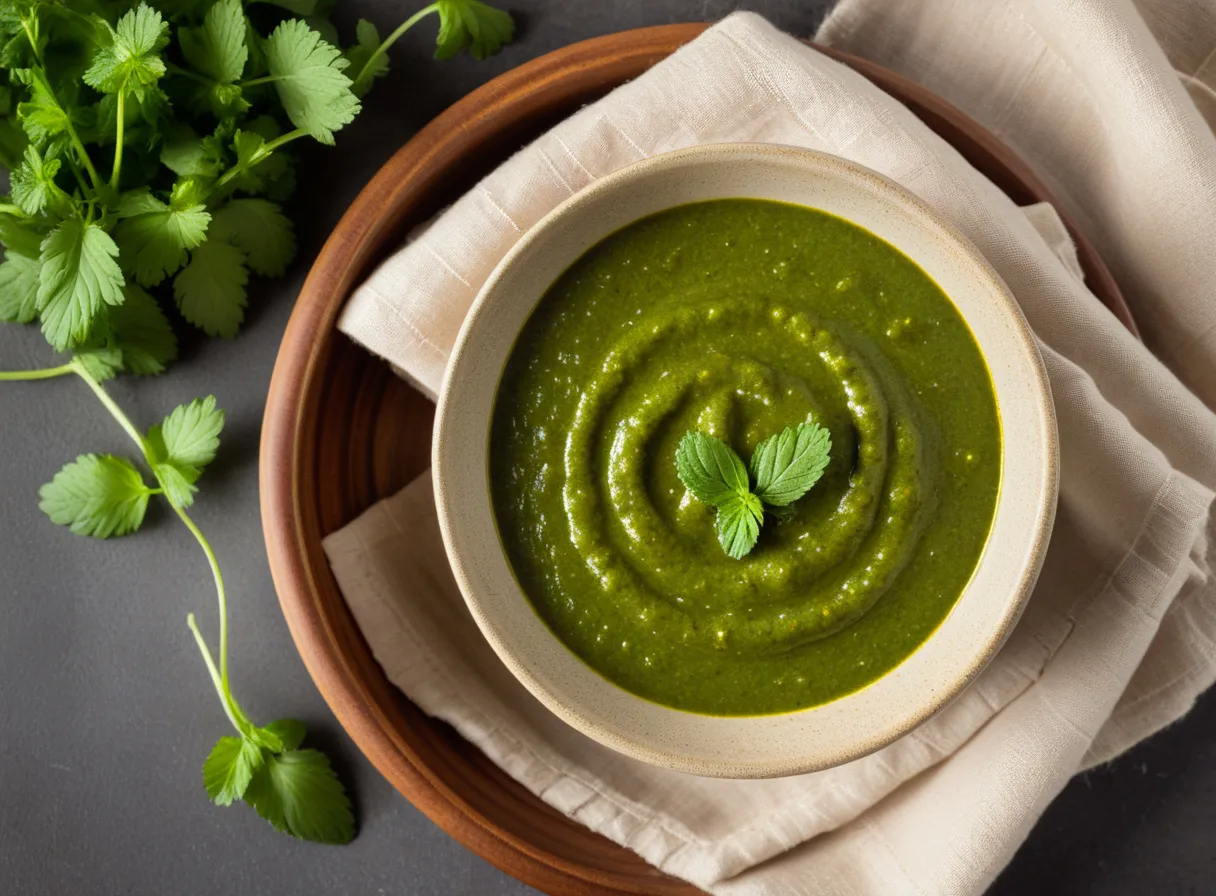 Small bowl of vibrant green coriander and mint chutney