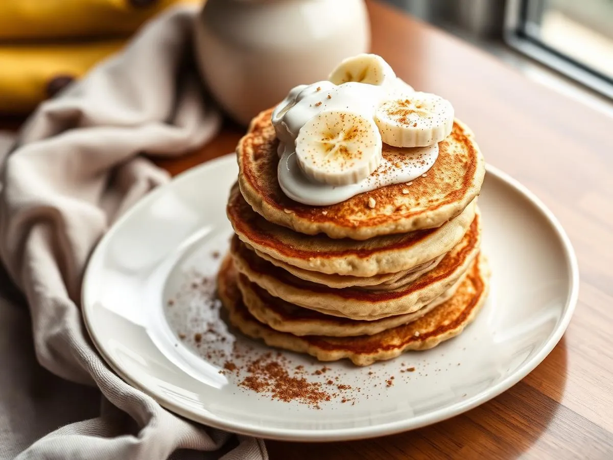 Stack of golden oat pancakes topped with skyr, banana slices and cinnamon