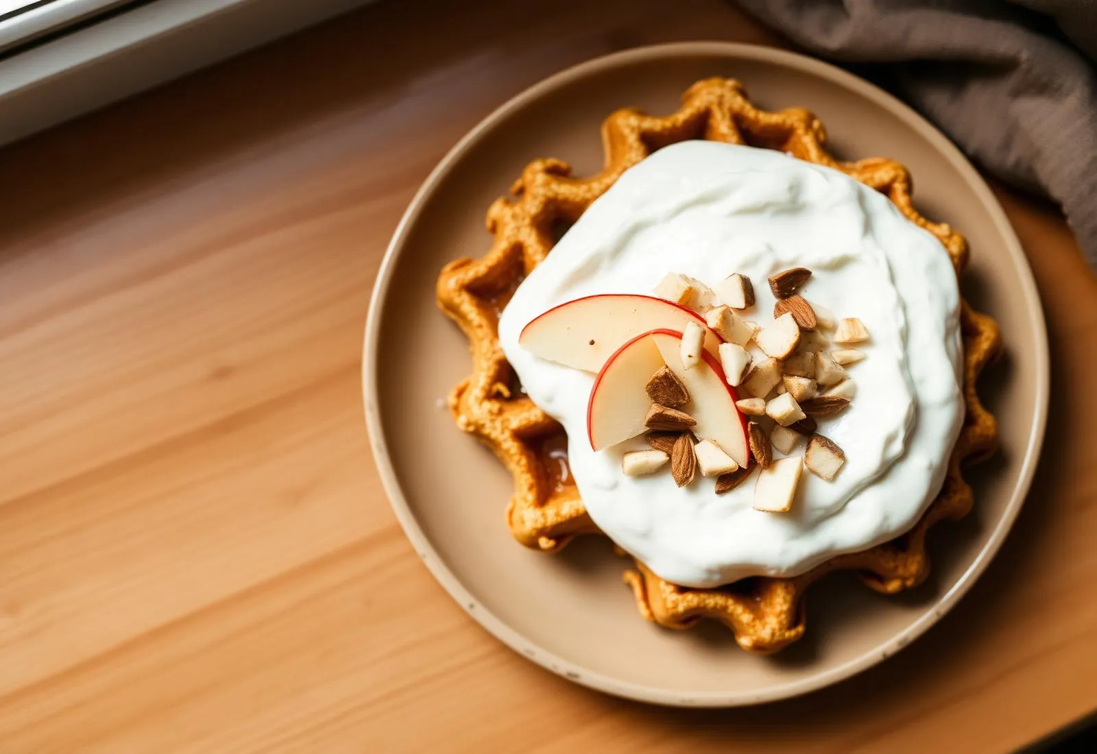 Golden oat waffle topped with thick skyr, sliced apple and chopped almonds