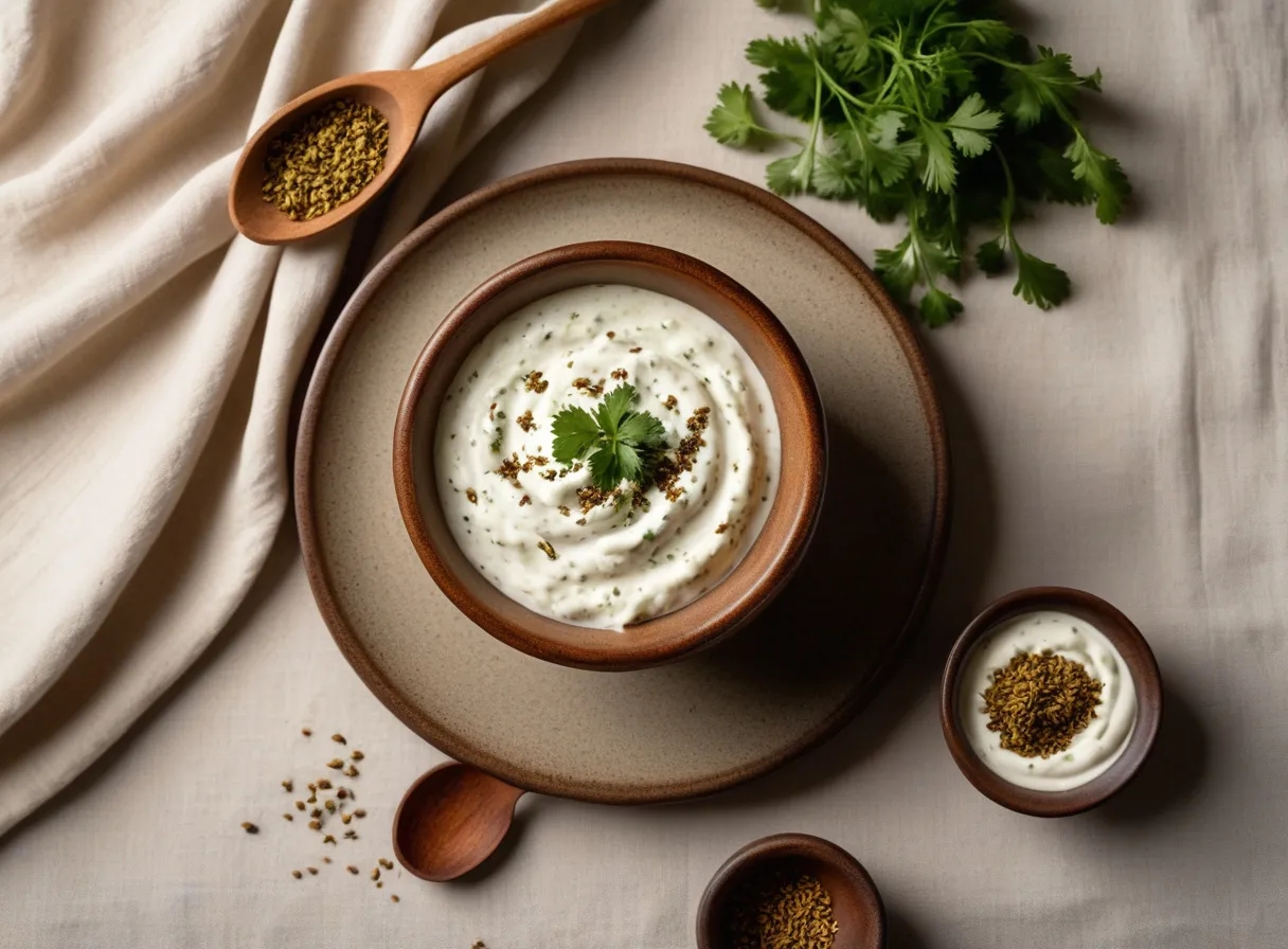 Small bowl of thick white skyr dip flecked with roasted cumin and coriander