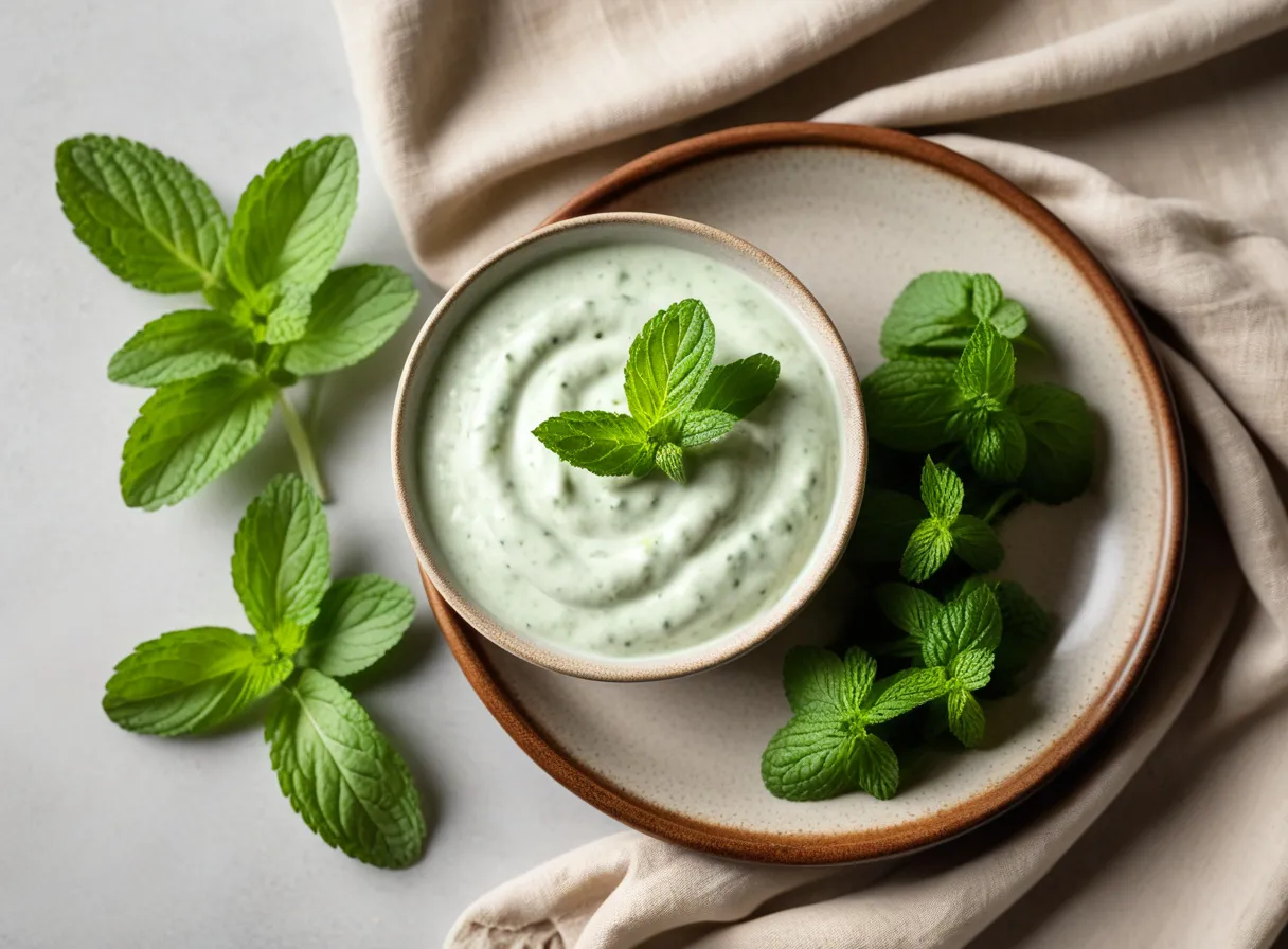 Small bowl of pale green mint and coriander yogurt dip with a mint leaf