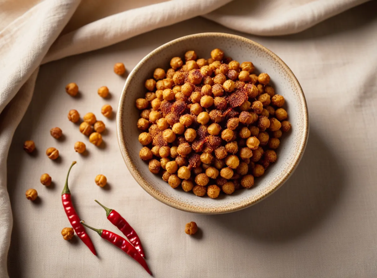 Small bowl of crunchy roasted spiced chickpeas