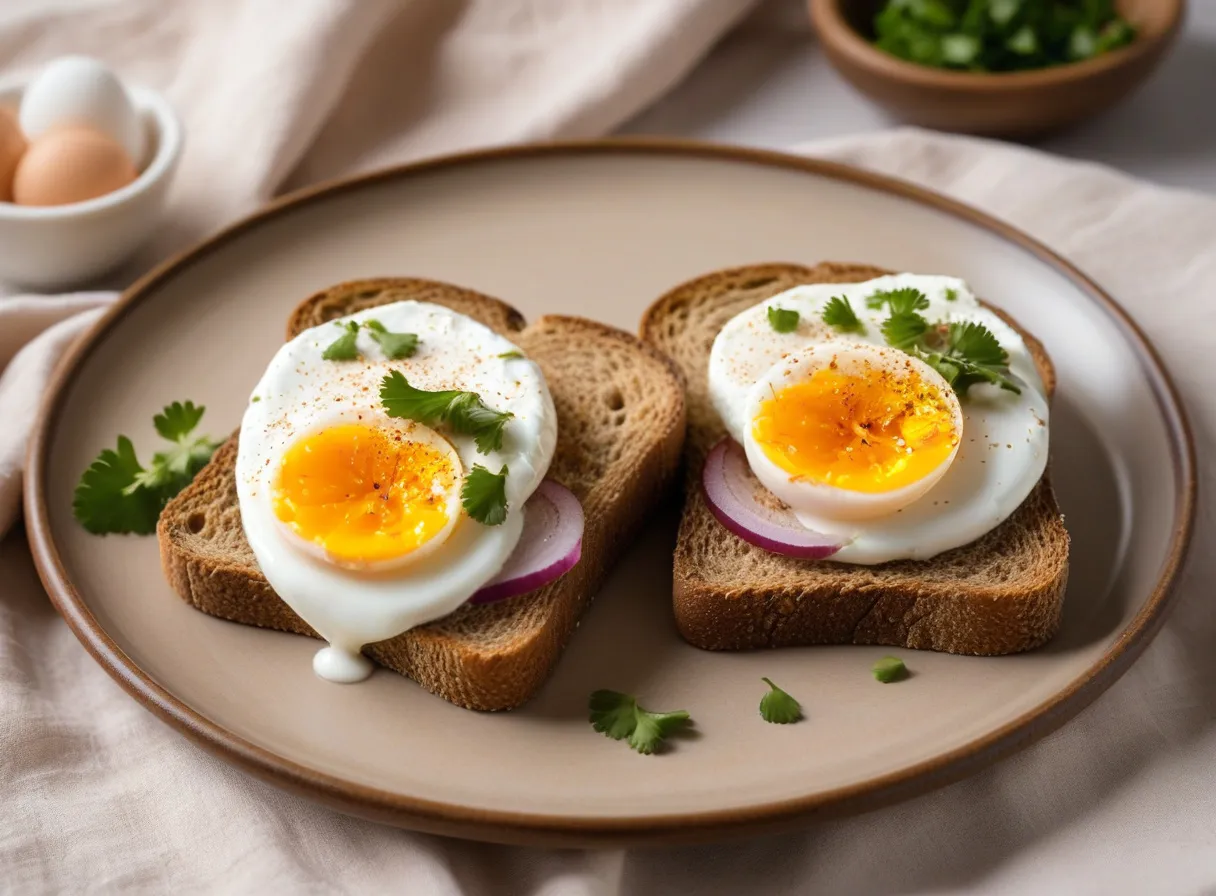 Two slices of whole-wheat toast spread with whipped skyr, topped with halved boiled eggs, onion and coriander