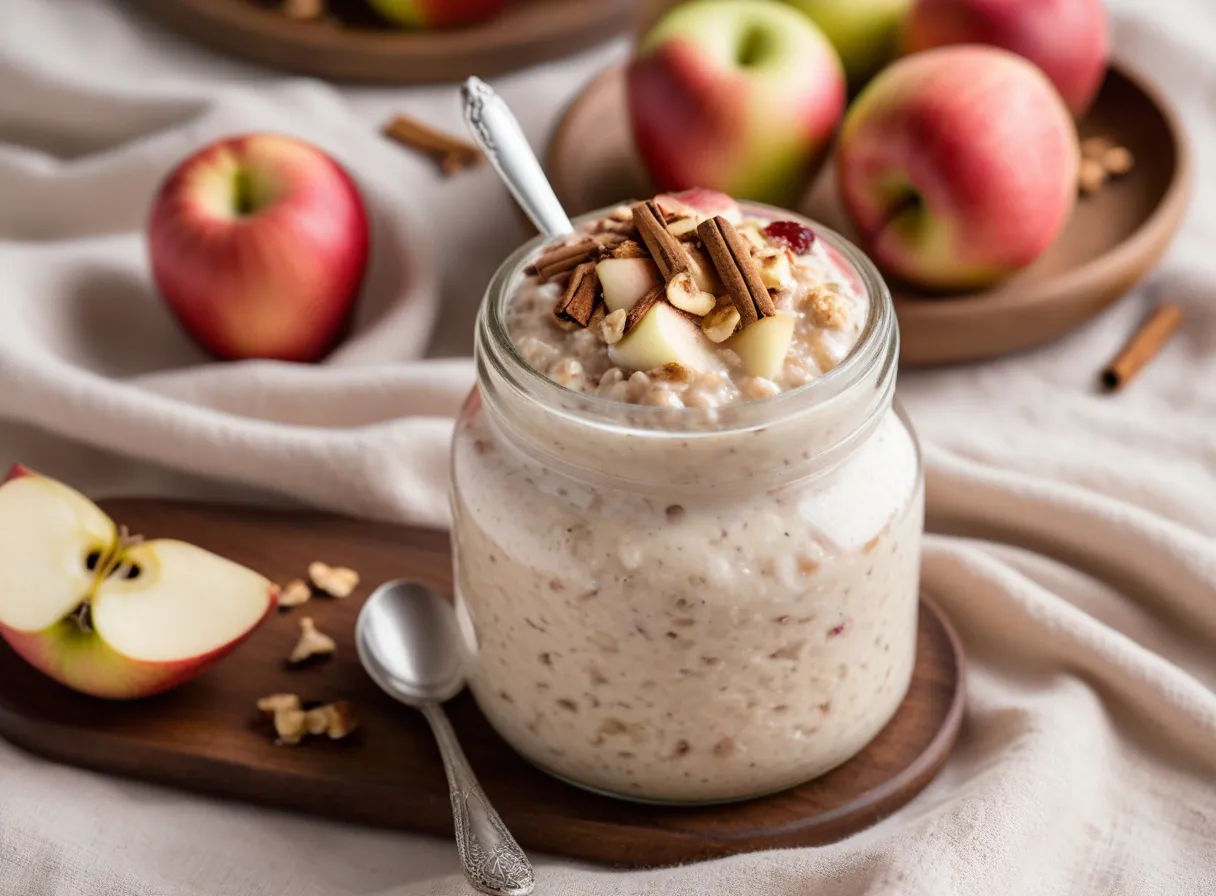 Glass jar of thick overnight oats topped with chopped apple and a dusting of cinnamon