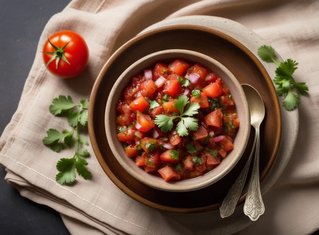 Small bowl of chunky fresh tomato salsa with onion and coriander